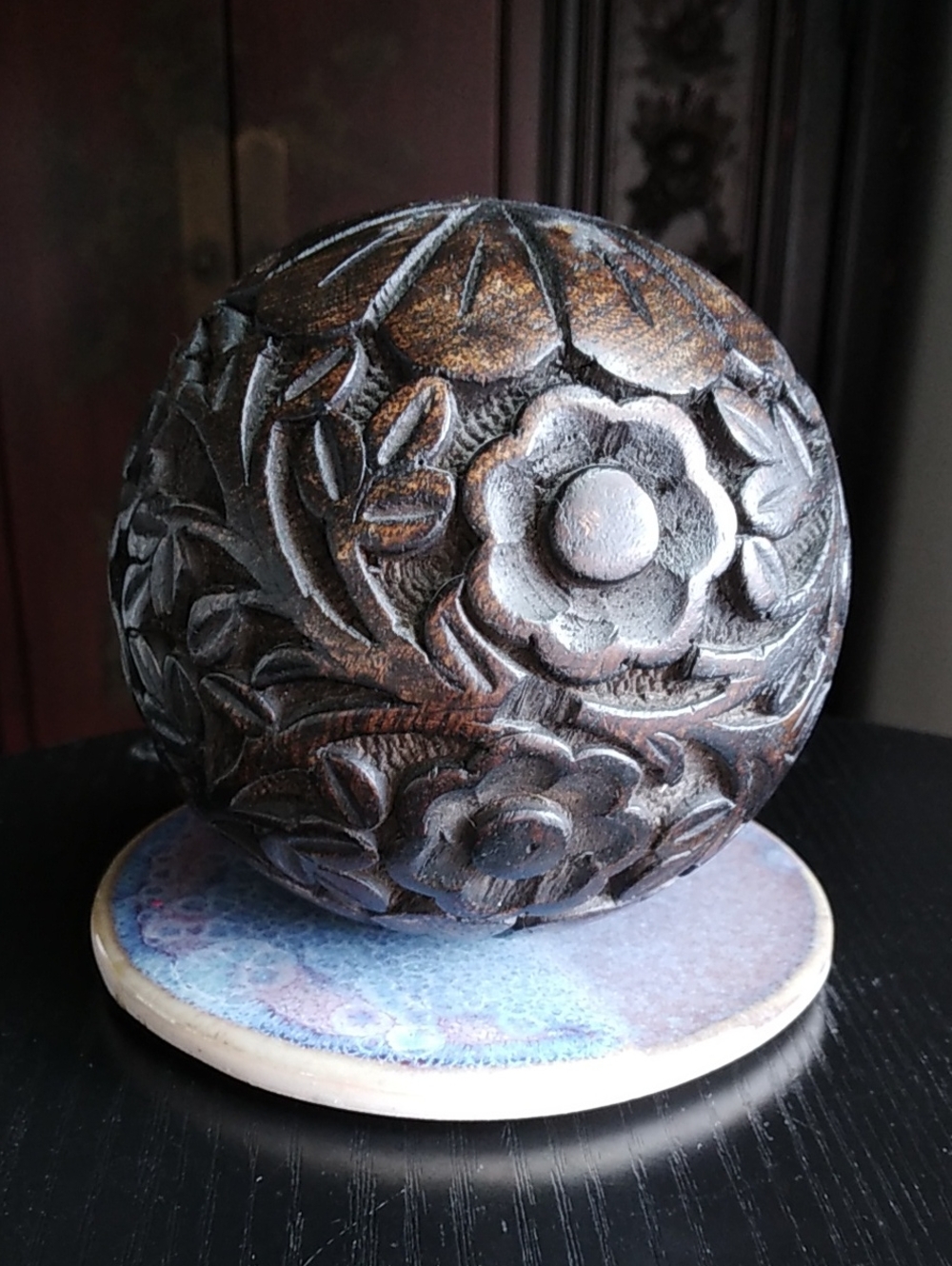 Carved Floral Decorative Wood Sphere